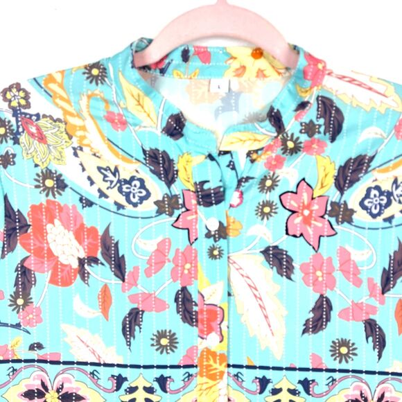 Boho Floral Paisley Tunic Blouse Womens SZ L Turquoise High neck High Low Hem - Picture 8 of 9